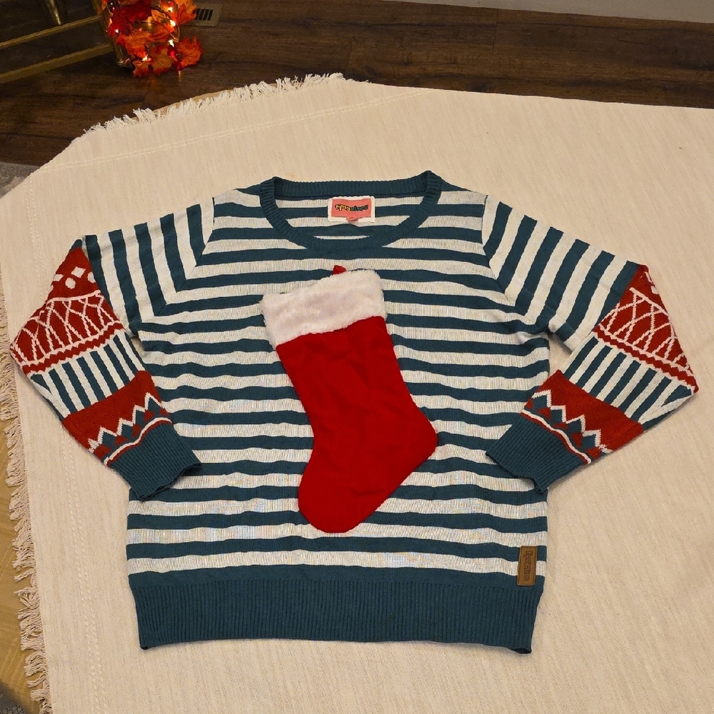 Tipsy Elves Green and Red Striped Sweater with Stocking